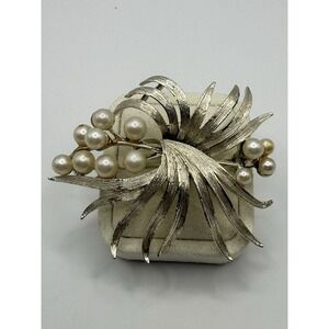 Vintage Lisner Brooch Silver Tone Faux Pearl Spray